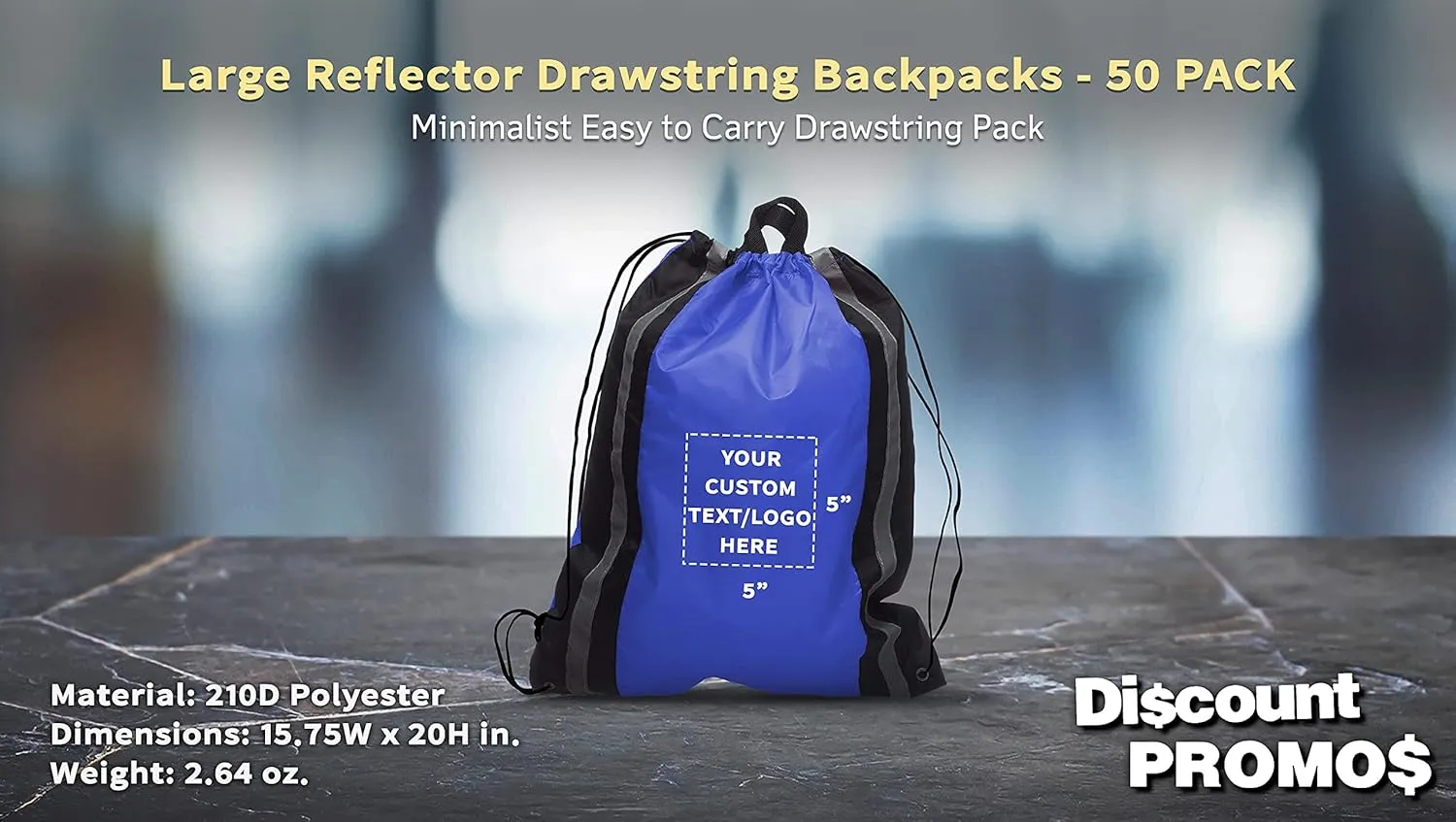DISCOUNT PROMOS Custom Large Reflector Drawstring Backpacks Set of 50, Personalized Bulk Pack - Bring Everywhere You Go, Perfect for Travellers and Great for Everyday Use - Blue