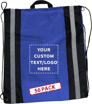 DISCOUNT PROMOS Custom Large Reflector Drawstring Backpacks Set of 50, Personalized Bulk Pack - Bring Everywhere You Go, Perfect for Travellers and Great for Everyday Use - Blue