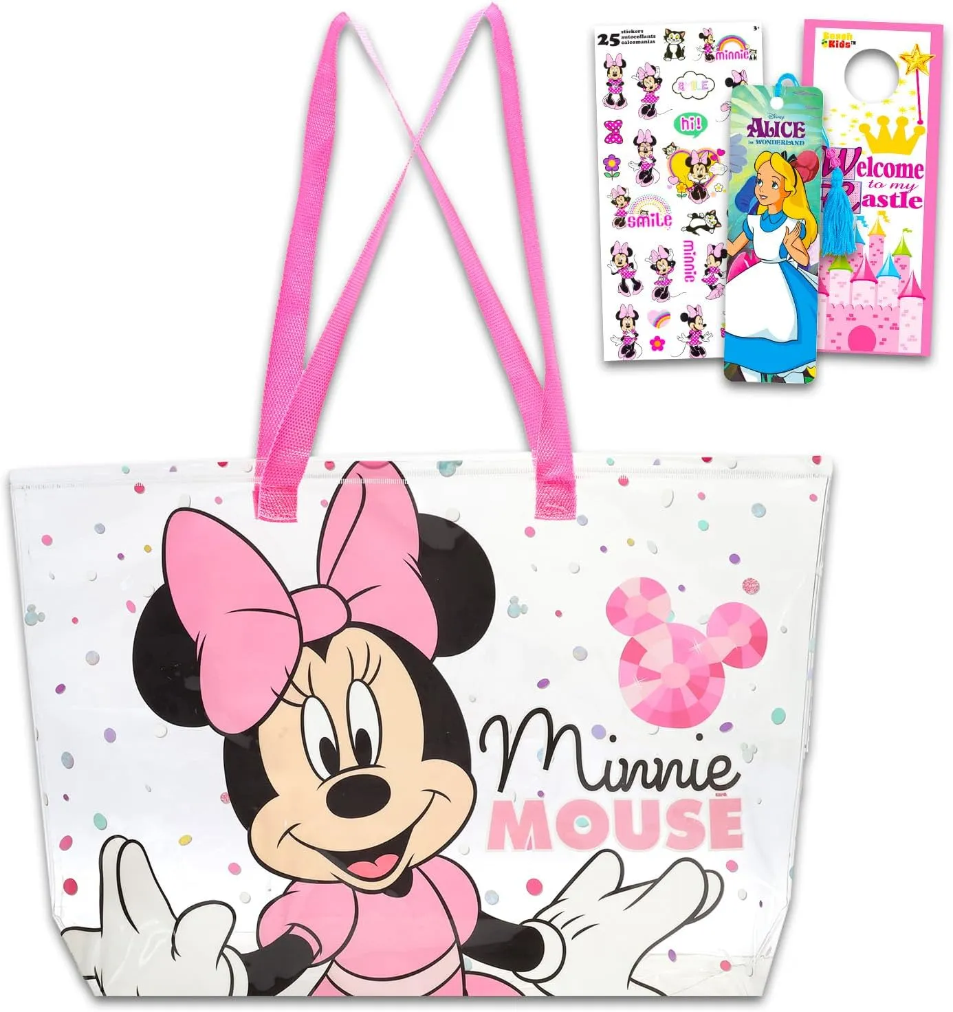 Disney Minnie Mouse Clear Tote Bag - Bundle with Clear Purse for Beach, Groceries, Storage Plus Stickers, More | Minnie Mouse Shoulder Bag for Women