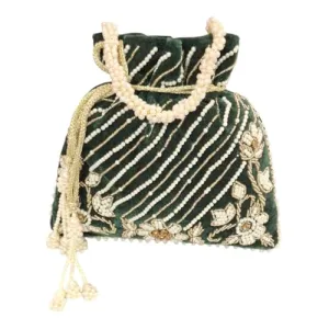 DMS RETAIL Handcrafted with Pearl Handle and Tassels | Embroidered Bridal Clutch for Weddings, Parties, and Gifting | Elegant Drawstring Potli for Women (GREEN)