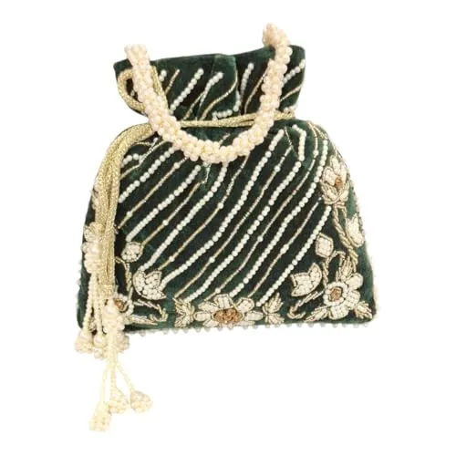 DMS RETAIL Handcrafted with Pearl Handle and Tassels | Embroidered Bridal Clutch for Weddings, Parties, and Gifting | Elegant Drawstring Potli for Women (GREEN)