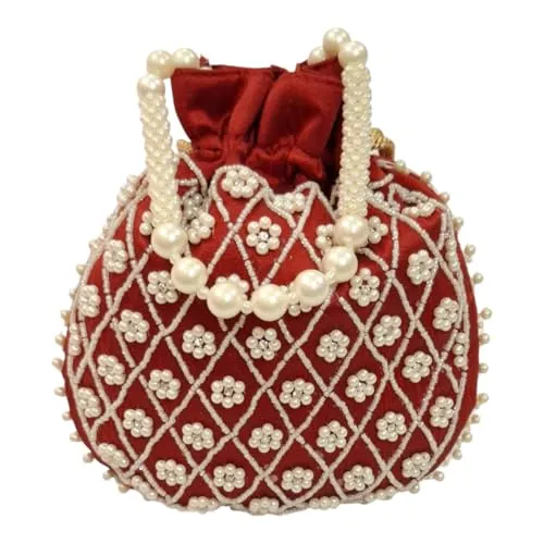 DMS RETAIL Handmade Embroidery Potli | Embellished Satin Wristlet Bag for Women & Girls | Batwa Wallet | Clutch Bags for Return Gifts | Drawstring Closure Potli|Pearl Potli (Pack Of 4)