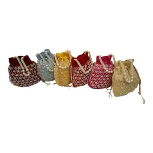 DMS RETAIL Handmade Embroidery Potli | Embellished Satin Wristlet Bag for Women & Girls | Batwa Wallet | Clutch Bags for Return Gifts | Drawstring Closure Potli|Pearl Potli (Pack Of 4)