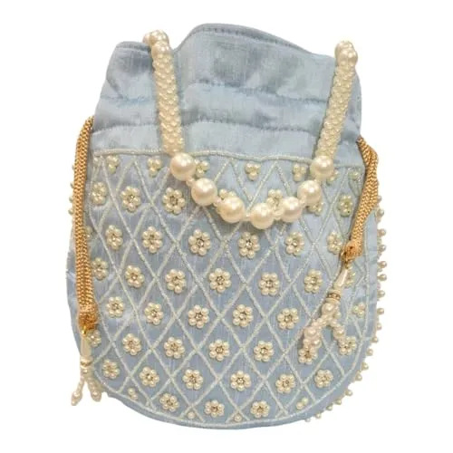 DMS RETAIL Handmade Embroidery Potli | Embellished Satin Wristlet Bag for Women & Girls | Batwa Wallet | Clutch Bags for Return Gifts | Drawstring Closure Potli|Pearl Potli (Pack Of 4)