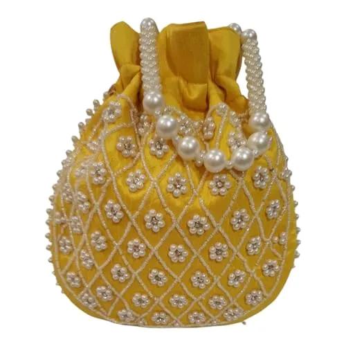 DMS RETAIL Handmade Embroidery Potli | Embellished Satin Wristlet Bag for Women & Girls | Batwa Wallet | Clutch Bags for Return Gifts | Drawstring Closure Potli|Pearl Potli (Pack Of 4)