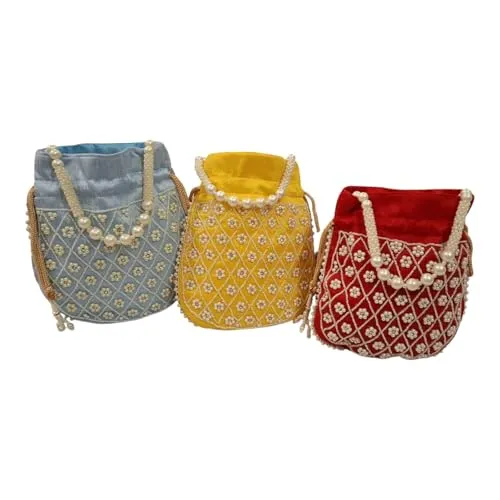 DMS RETAIL Handmade Embroidery Potli | Embellished Satin Wristlet Bag for Women & Girls | Batwa Wallet | Clutch Bags for Return Gifts | Drawstring Closure Potli|Pearl Potli (Pack Of 4)