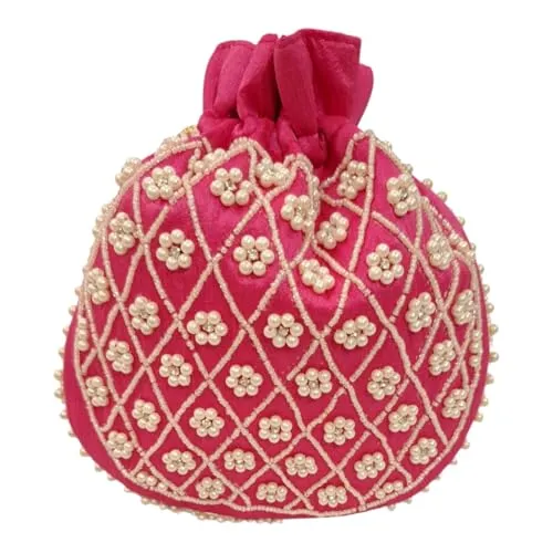 DMS RETAIL Handmade Embroidery Potli | Embellished Satin Wristlet Bag for Women & Girls | Batwa Wallet | Clutch Bags for Return Gifts | Drawstring Closure Potli|Pearl Potli (Pack Of 4)