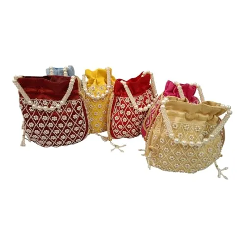 DMS RETAIL Handmade Embroidery Potli | Embellished Satin Wristlet Bag for Women & Girls | Batwa Wallet | Clutch Bags for Return Gifts | Drawstring Closure Potli|Pearl Potli (Pack Of 4)