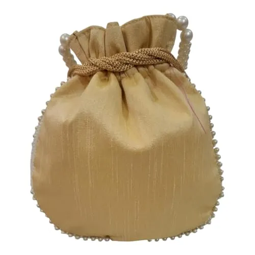 DMS RETAIL Handmade Embroidery Potli | Embellished Satin Wristlet Bag for Women & Girls | Batwa Wallet | Clutch Bags for Return Gifts | Drawstring Closure Potli|Pearl Potli (Pack Of 4)