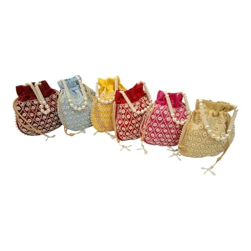 DMS RETAIL Handmade Embroidery Potli | Embellished Satin Wristlet Bag for Women & Girls | Batwa Wallet | Clutch Bags for Return Gifts | Drawstring Closure Potli|Pearl Potli (Pack Of 4)