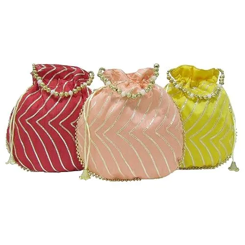 DMS RETAIL Potli Bags For Wedding Return Gifts For Women In Bulk, Ladies Return Gifts For Pooja Birthday Kitty Party Shagun Mehndi Sangeet Pack Of (Pack Of 3)