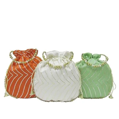 DMS RETAIL Potli Bags For Wedding Return Gifts For Women In Bulk, Ladies Return Gifts For Pooja Birthday Kitty Party Shagun Mehndi Sangeet Pack Of (Pack Of 3)