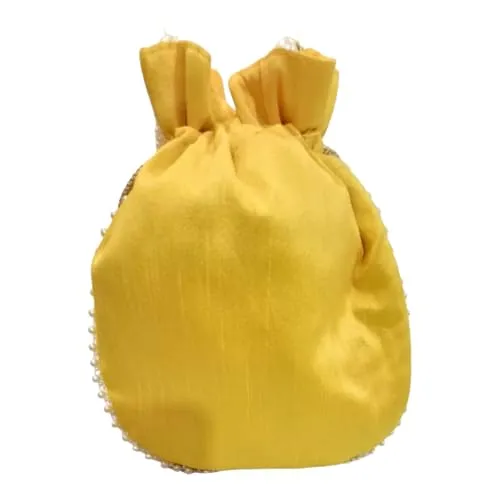 DMS RETAIL Potli | Beadwork Pear Wedding Potli | Beads Handle Potli | Wallet Potli | Christmas Gift Potli | Baby Shower Potli | Lucknowi Potli | Embroidery Potli (YELLOW)
