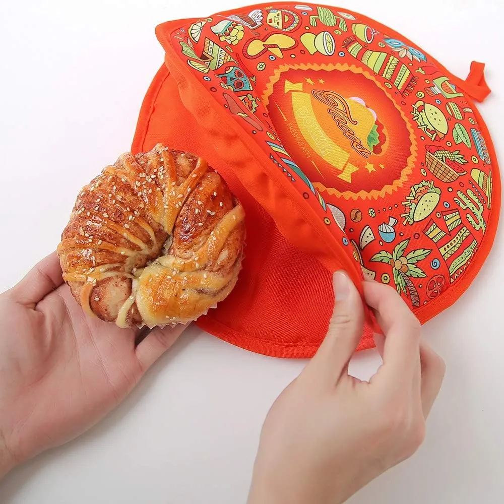 DOKKIA Tortilla Warmer Taco 12 Inch Insulated Cloth Pouch - Microwavable Use Fabric Bag Servers Holder to Keep Flour Burrito Warm (12 Inch, Taco Fiesta Themed Party Cinco De Mayo)