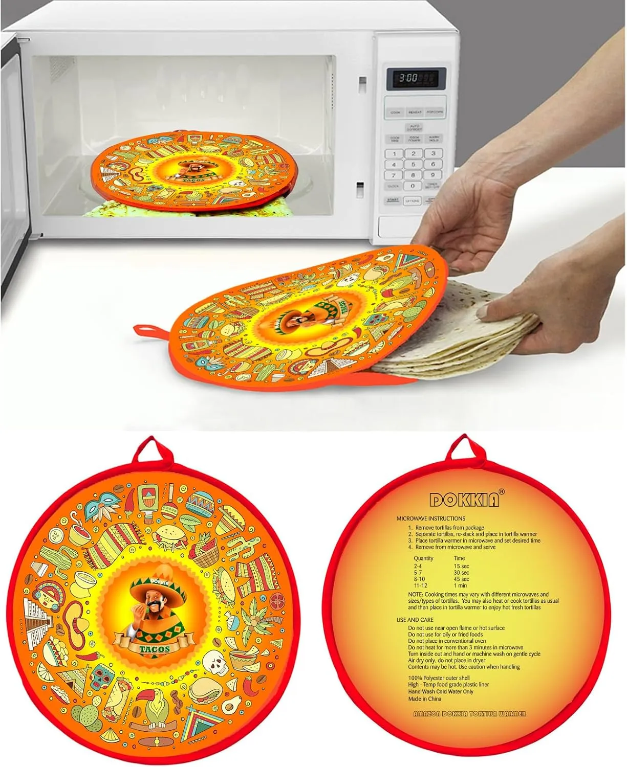 DOKKIA Tortilla Warmer Taco 12 Inch Insulated Cloth Pouch - Microwavable Use Fabric Bag Servers Holder to Keep Flour Burrito Warm (12 Inch, Taco Fiesta Themed Party Cinco De Mayo)