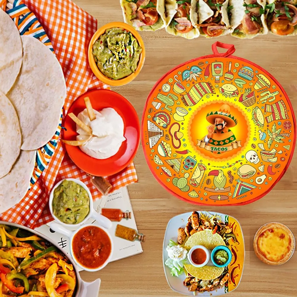 DOKKIA Tortilla Warmer Taco 12 Inch Insulated Cloth Pouch - Microwavable Use Fabric Bag Servers Holder to Keep Flour Burrito Warm (12 Inch, Taco Fiesta Themed Party Cinco De Mayo)