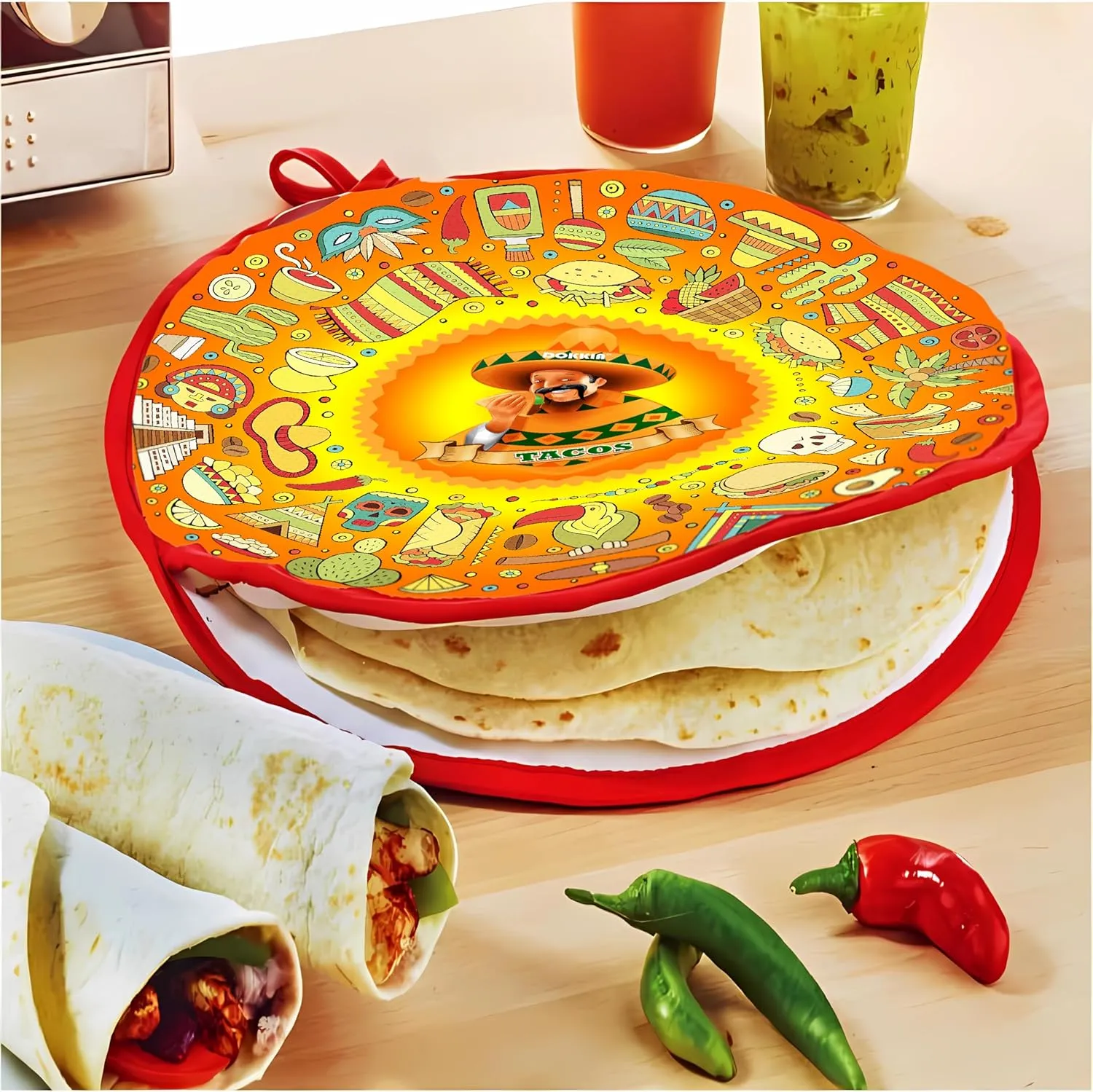 DOKKIA Tortilla Warmer Taco 12 Inch Insulated Cloth Pouch - Microwavable Use Fabric Bag Servers Holder to Keep Flour Burrito Warm (12 Inch, Taco Fiesta Themed Party Cinco De Mayo)