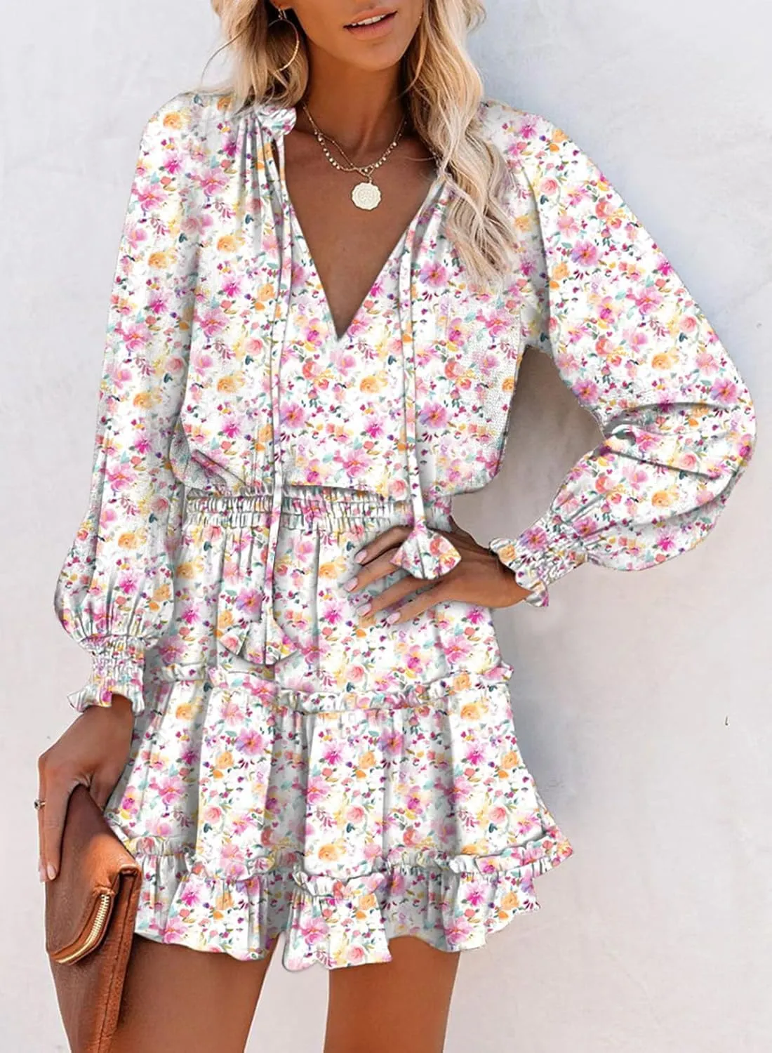 Dokotoo Summer Dresses for Women 2025 Boho Floral Drawstring V Neck Smocked Long Sleeve Ruffle Tiered Chiffon Mini Dress