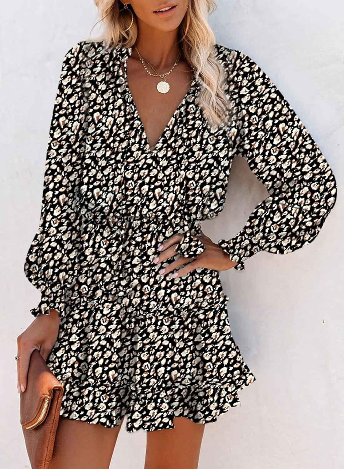 Dokotoo Summer Dresses for Women 2025 Boho Floral Drawstring V Neck Smocked Long Sleeve Ruffle Tiered Chiffon Mini Dress