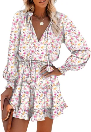 Dokotoo Summer Dresses for Women 2025 Boho Floral Drawstring V Neck Smocked Long Sleeve Ruffle Tiered Chiffon Mini Dress