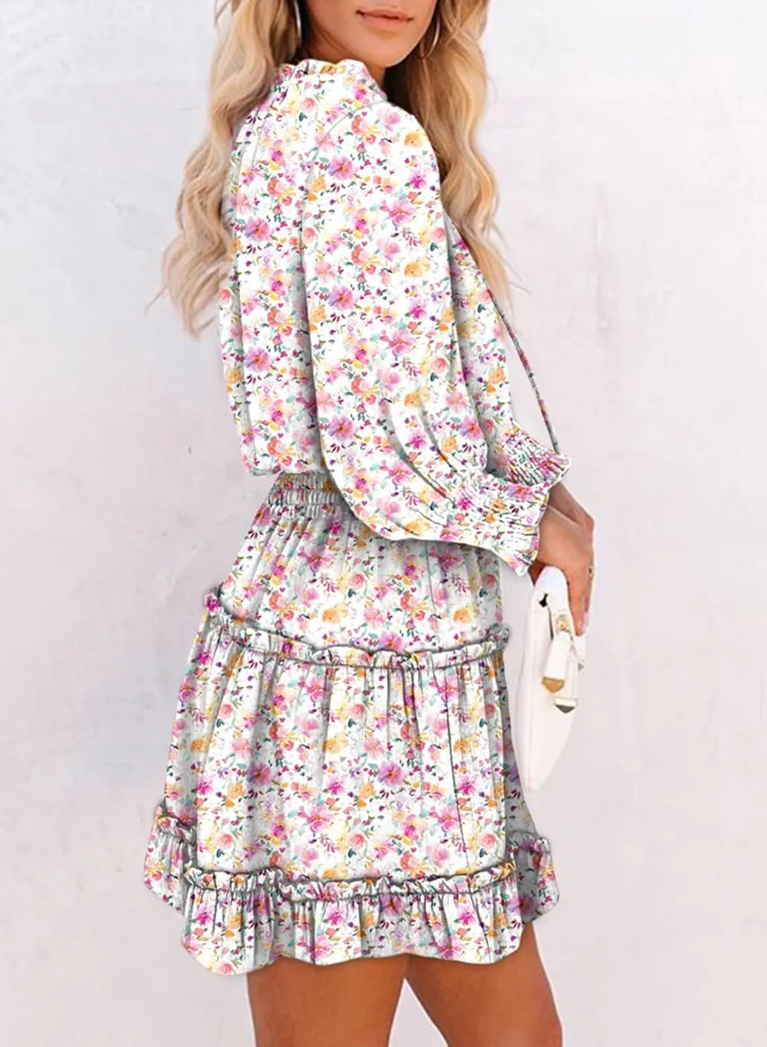 Dokotoo Summer Dresses for Women 2025 Boho Floral Drawstring V Neck Smocked Long Sleeve Ruffle Tiered Chiffon Mini Dress