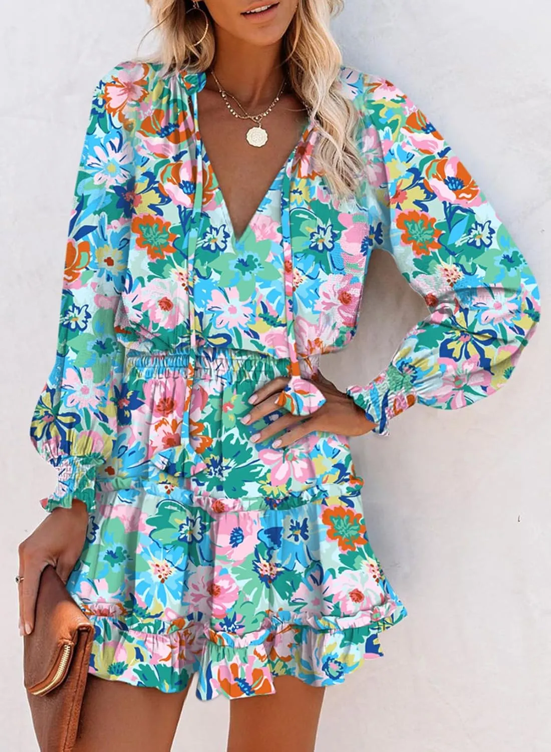 Dokotoo Summer Dresses for Women 2025 Boho Floral Drawstring V Neck Smocked Long Sleeve Ruffle Tiered Chiffon Mini Dress