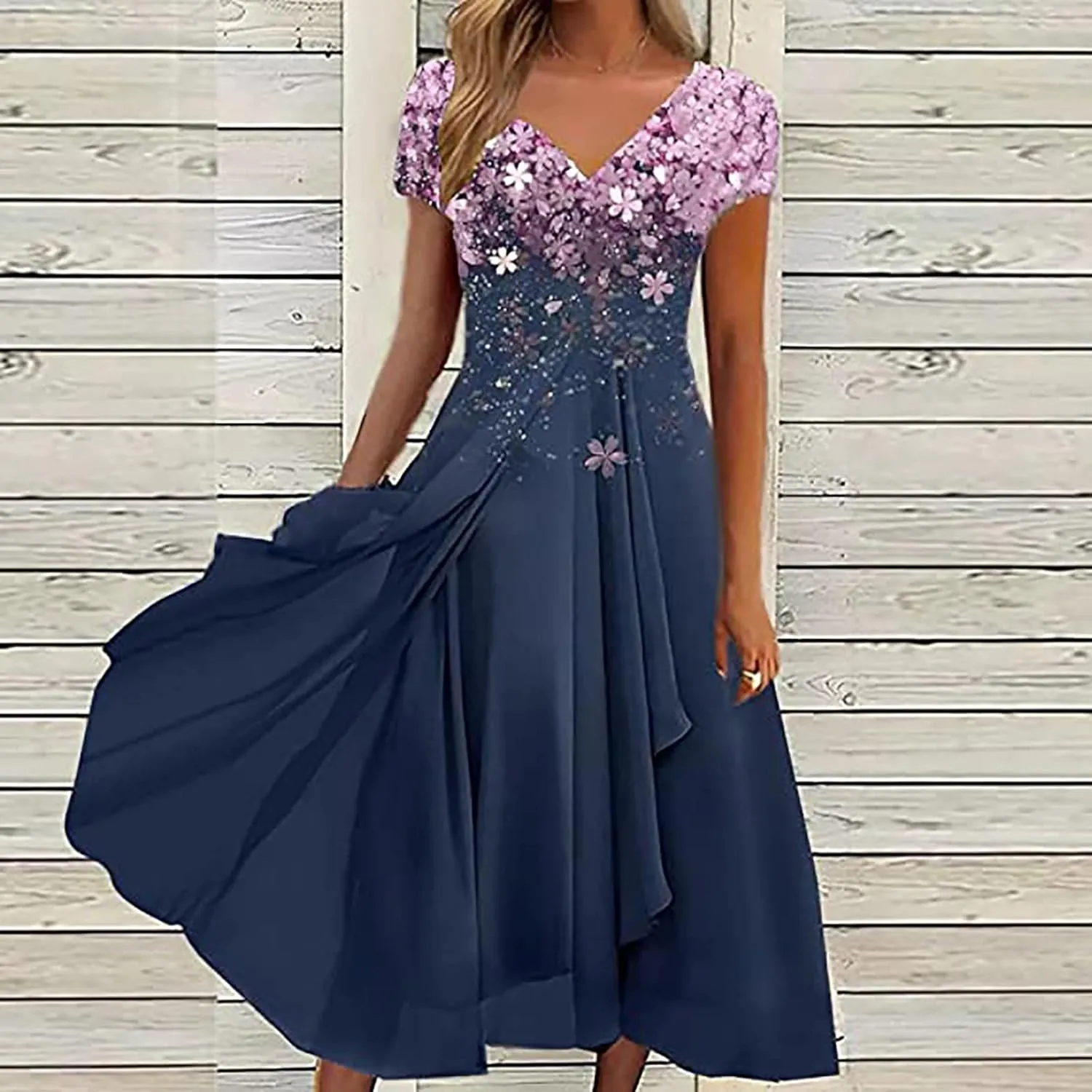 DOLKFU Womens Short Sleeve Casual Midi Dress Cute Flower Graphic Print Sundress Fashion Loose Fit Beach Dresses