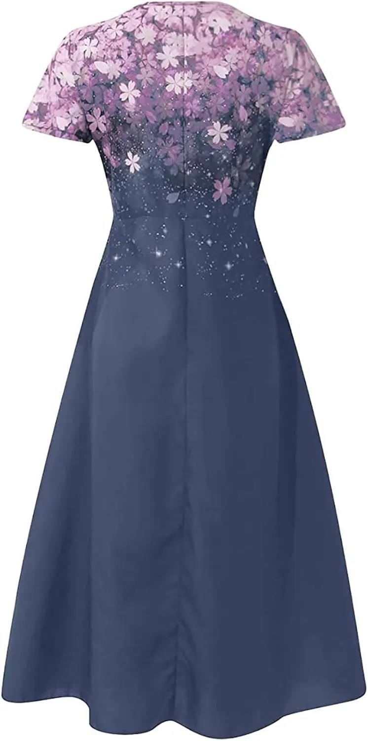DOLKFU Womens Short Sleeve Casual Midi Dress Cute Flower Graphic Print Sundress Fashion Loose Fit Beach Dresses
