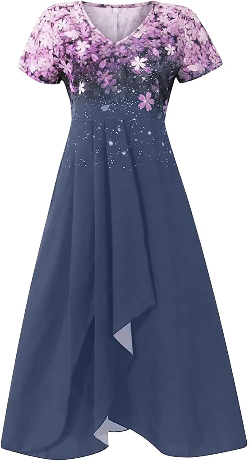 DOLKFU Womens Short Sleeve Casual Midi Dress Cute Flower Graphic Print Sundress Fashion Loose Fit Beach Dresses
