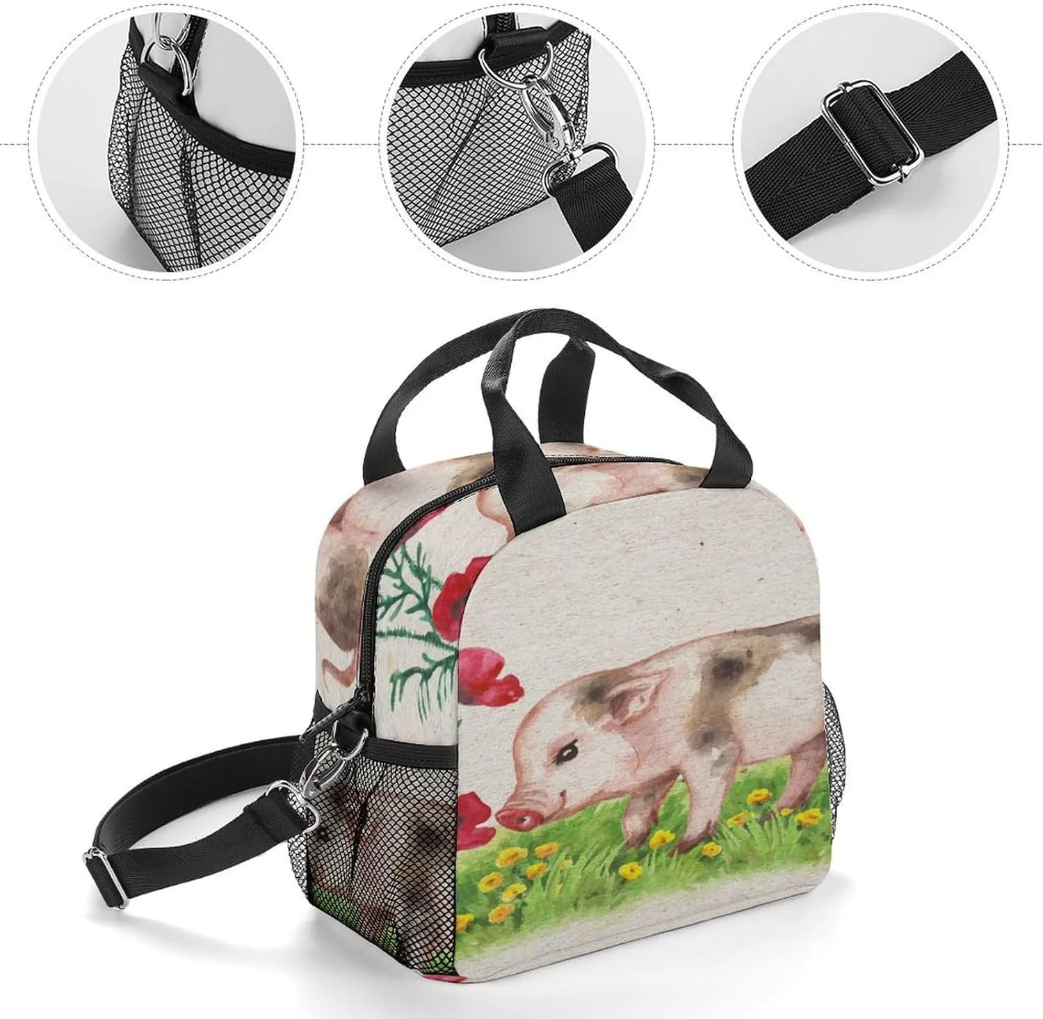 Donnapink Reusable Cooler Insulated Lunch Bag, Removable Strap Tote Handbag Thermal Reusable Box with Two Mesh Pockets 10x9x6.5 in Print Pig Piglet Piggy Red Poppies Green meadow Yellow Flowers