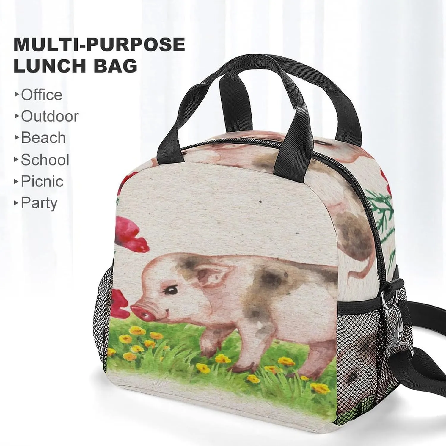Donnapink Reusable Cooler Insulated Lunch Bag, Removable Strap Tote Handbag Thermal Reusable Box with Two Mesh Pockets 10x9x6.5 in Print Pig Piglet Piggy Red Poppies Green meadow Yellow Flowers