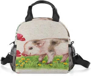 Donnapink Reusable Cooler Insulated Lunch Bag, Removable Strap Tote Handbag Thermal Reusable Box with Two Mesh Pockets 10x9x6.5 in Print Pig Piglet Piggy Red Poppies Green meadow Yellow Flowers