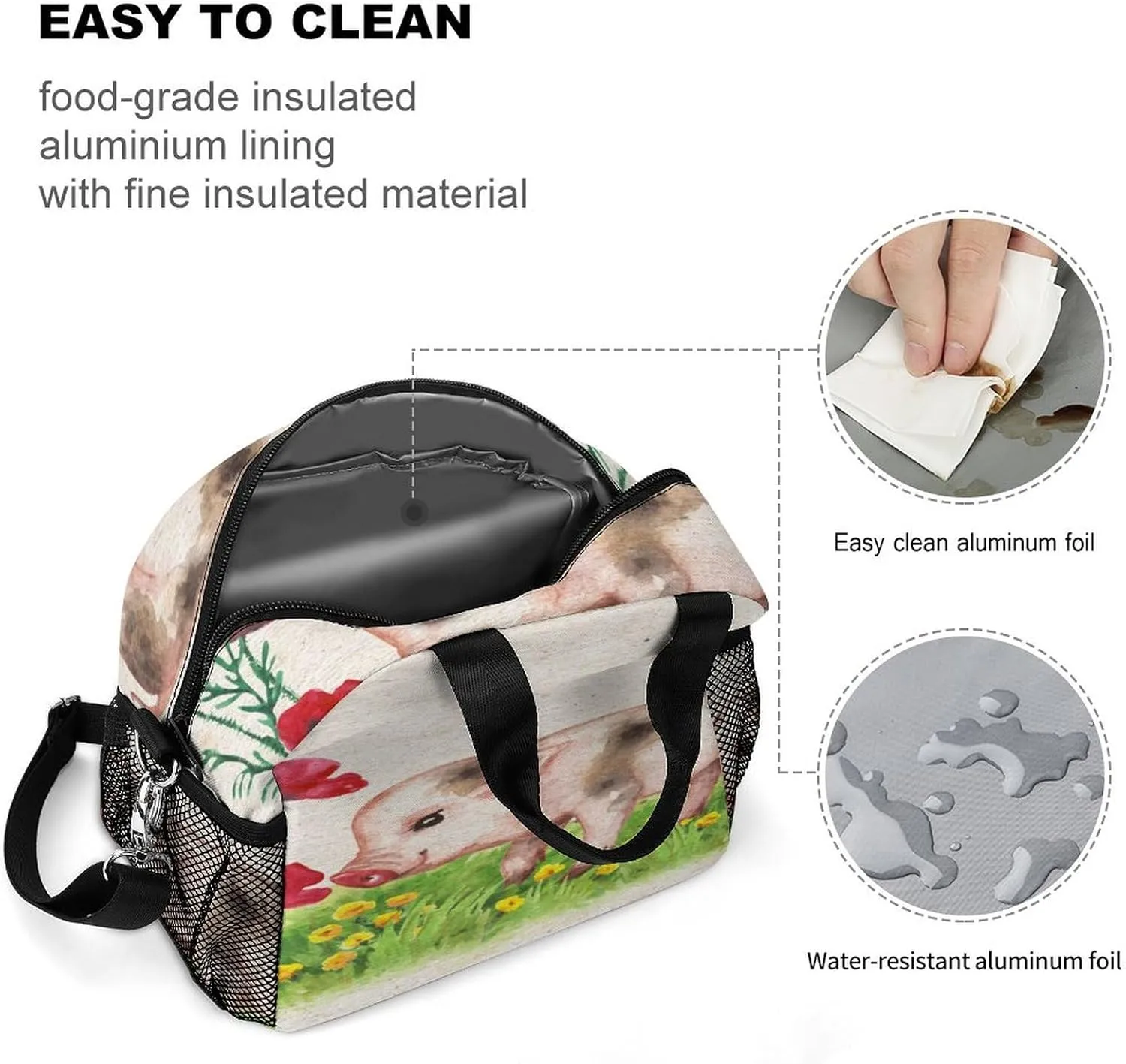 Donnapink Reusable Cooler Insulated Lunch Bag, Removable Strap Tote Handbag Thermal Reusable Box with Two Mesh Pockets 10x9x6.5 in Print Pig Piglet Piggy Red Poppies Green meadow Yellow Flowers