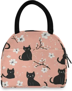 Doodle Black Cat and Flower Women's Lunch Bag Men's Insulated Lunch Box Unisex Reusable Lunch Box Cooler Bag For Work Office Travel Picnic