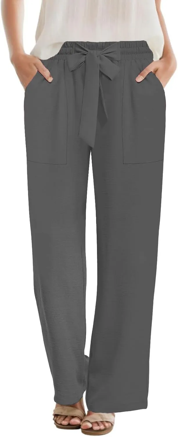 DouBCQ Women's Wide Leg Pants High Waist Flowy Tie Knot Trousers Business Casual Pants with Pockets