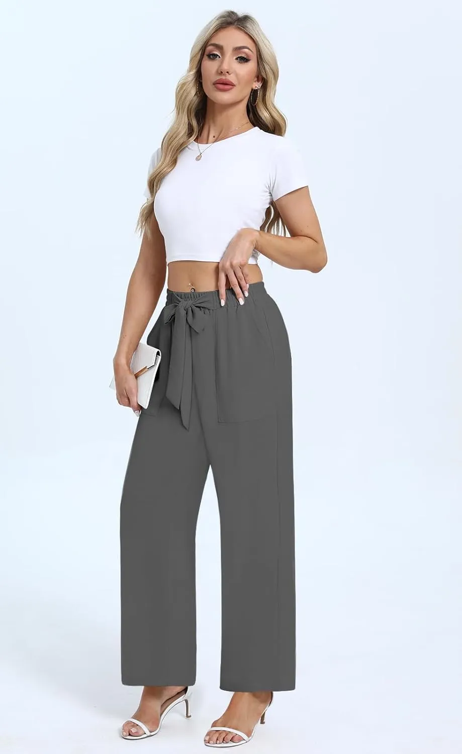 DouBCQ Women's Wide Leg Pants High Waist Flowy Tie Knot Trousers Business Casual Pants with Pockets