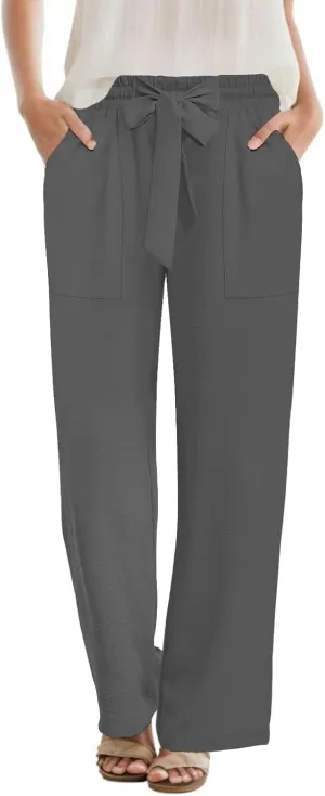 DouBCQ Women's Wide Leg Pants High Waist Flowy Tie Knot Trousers Business Casual Pants with Pockets