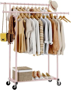 Double Rods Clothes Rack, Sturdy Rolling Clothing Rack, Portable Clothing Racks for Hanging Clothes - Metal Garment Rack Wardrobe Coat Rack for Bedroom Laundry Living Room, Pink