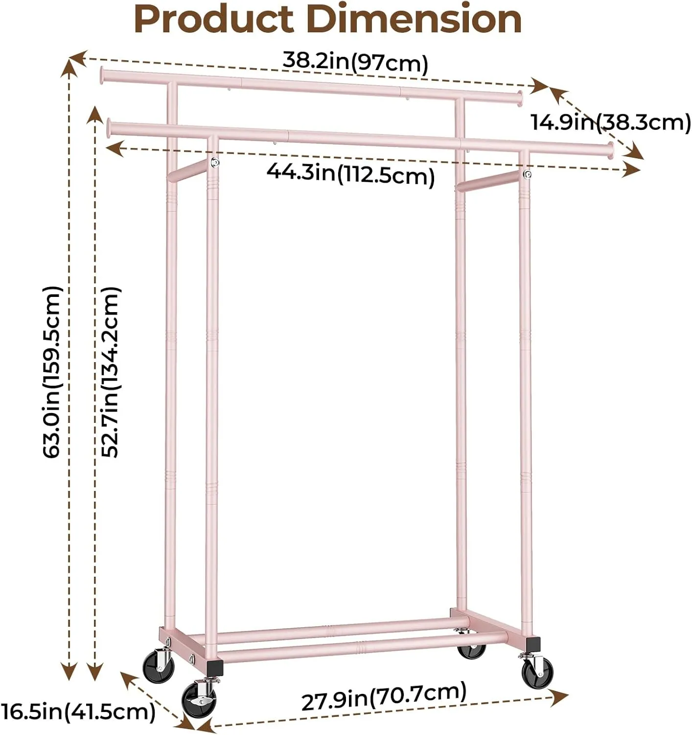 Double Rods Clothes Rack, Sturdy Rolling Clothing Rack, Portable Clothing Racks for Hanging Clothes - Metal Garment Rack Wardrobe Coat Rack for Bedroom Laundry Living Room, Pink