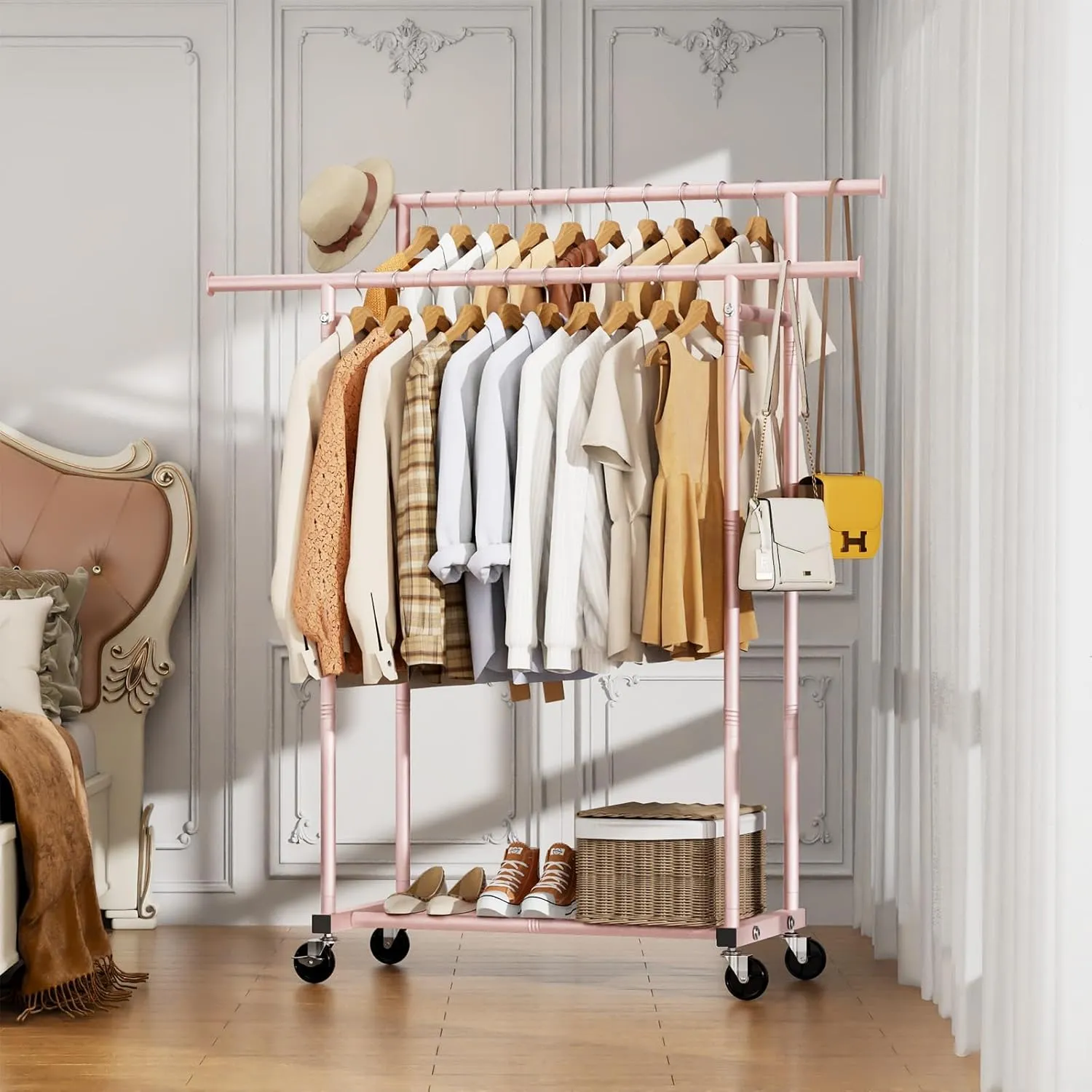 Double Rods Clothes Rack, Sturdy Rolling Clothing Rack, Portable Clothing Racks for Hanging Clothes - Metal Garment Rack Wardrobe Coat Rack for Bedroom Laundry Living Room, Pink