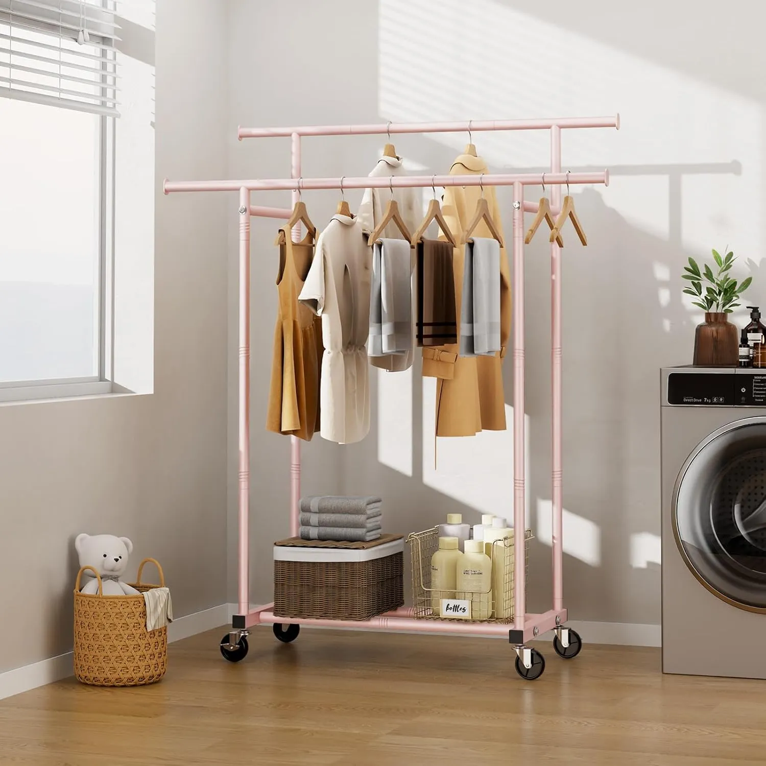 Double Rods Clothes Rack, Sturdy Rolling Clothing Rack, Portable Clothing Racks for Hanging Clothes - Metal Garment Rack Wardrobe Coat Rack for Bedroom Laundry Living Room, Pink