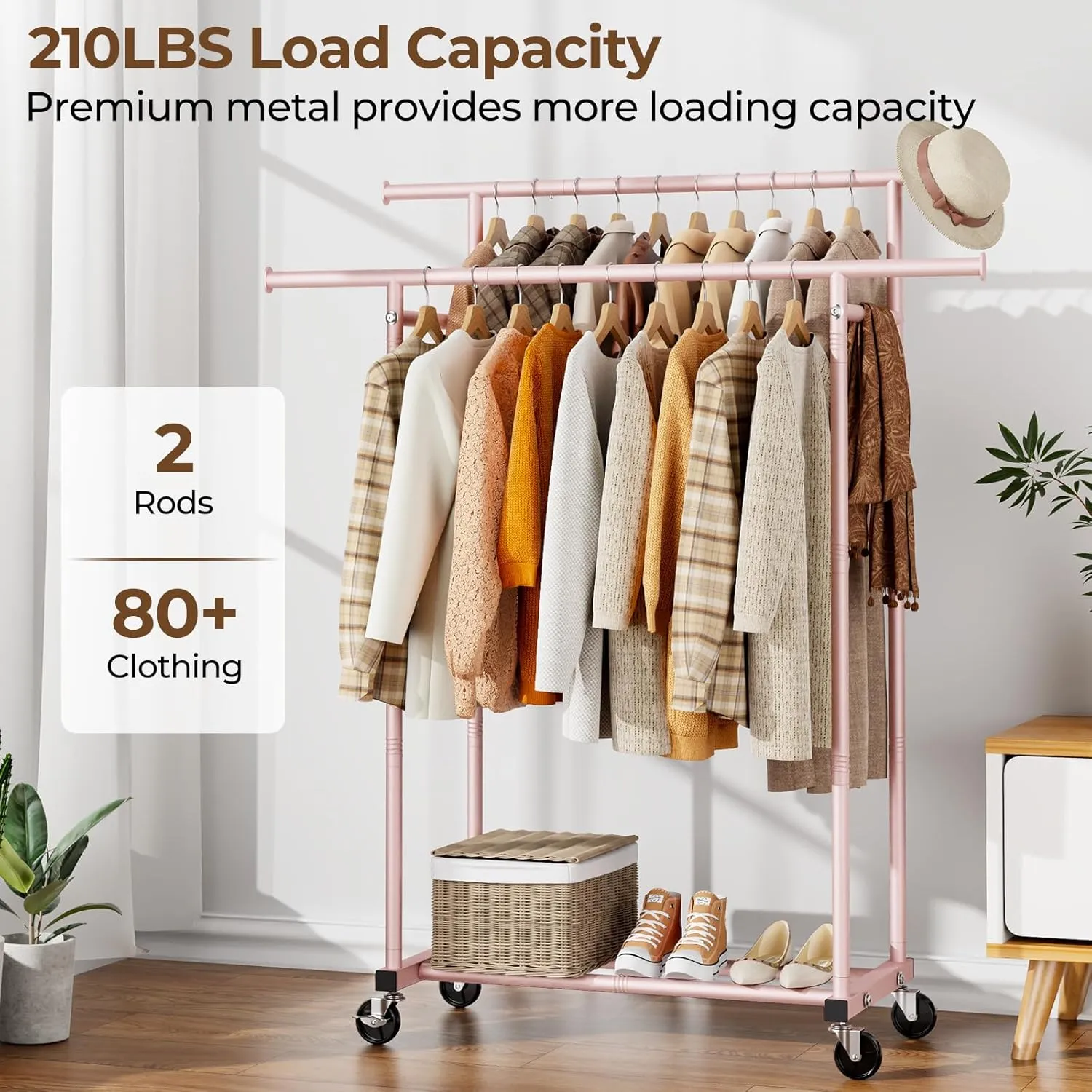 Double Rods Clothes Rack, Sturdy Rolling Clothing Rack, Portable Clothing Racks for Hanging Clothes - Metal Garment Rack Wardrobe Coat Rack for Bedroom Laundry Living Room, Pink