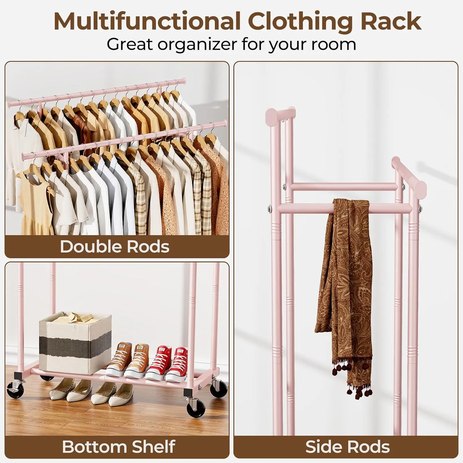 Double Rods Clothes Rack, Sturdy Rolling Clothing Rack, Portable Clothing Racks for Hanging Clothes - Metal Garment Rack Wardrobe Coat Rack for Bedroom Laundry Living Room, Pink