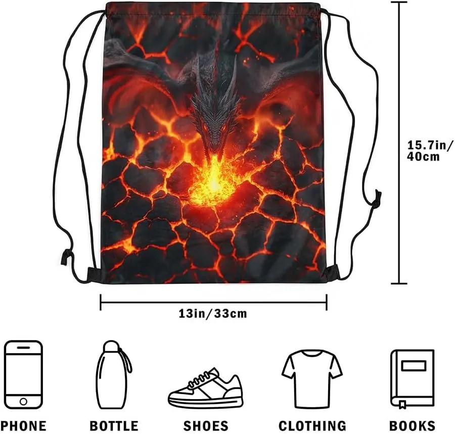 Dragon Mystic Drawstring Backpack Bag,Natural Disaster Volcano Eruption Red Lava Flame 3D Print Drawstring Bag,Large Capacity Black Dragon Gothic Animal Adjustable Draw String Bag