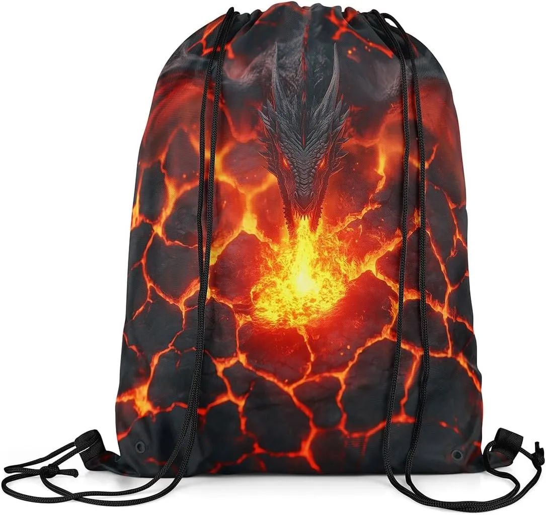 Dragon Mystic Drawstring Backpack Bag,Natural Disaster Volcano Eruption Red Lava Flame 3D Print Drawstring Bag,Large Capacity Black Dragon Gothic Animal Adjustable Draw String Bag