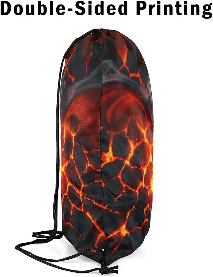 Dragon Mystic Drawstring Backpack Bag,Natural Disaster Volcano Eruption Red Lava Flame 3D Print Drawstring Bag,Large Capacity Black Dragon Gothic Animal Adjustable Draw String Bag