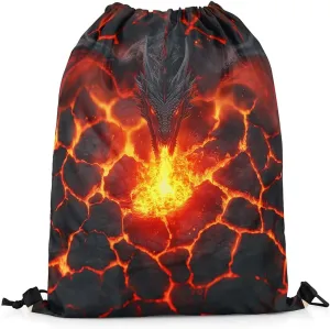 Dragon Mystic Drawstring Backpack Bag,Natural Disaster Volcano Eruption Red Lava Flame 3D Print Drawstring Bag,Large Capacity Black Dragon Gothic Animal Adjustable Draw String Bag