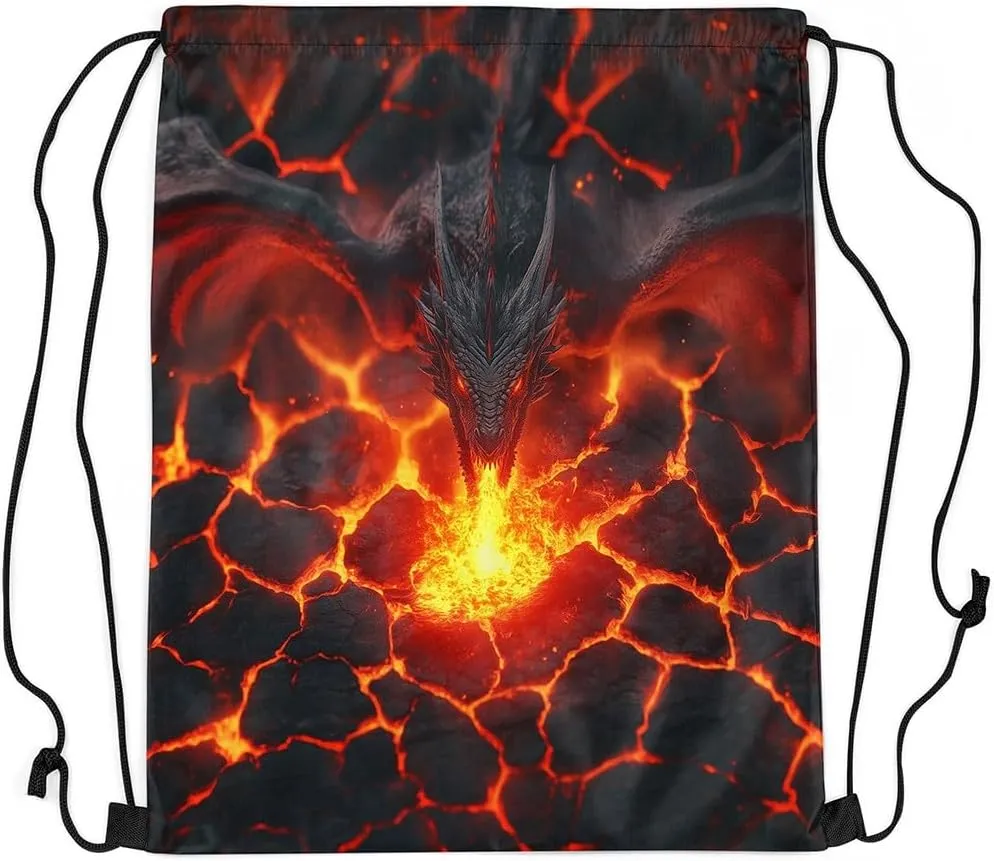 Dragon Mystic Drawstring Backpack Bag,Natural Disaster Volcano Eruption Red Lava Flame 3D Print Drawstring Bag,Large Capacity Black Dragon Gothic Animal Adjustable Draw String Bag