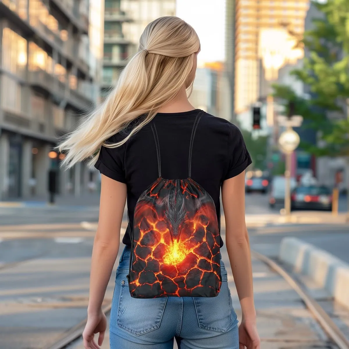 Dragon Mystic Drawstring Backpack Bag,Natural Disaster Volcano Eruption Red Lava Flame 3D Print Drawstring Bag,Large Capacity Black Dragon Gothic Animal Adjustable Draw String Bag