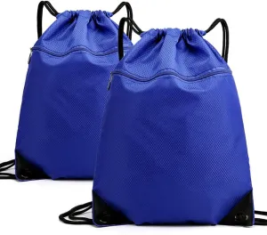 Drawstring Backpack Bag, Waterproof Draw String Back Sack with Zipper Pocket, Gym Drawstring Backpack Swimming Bag for Men Women, Pack of 2, Blue